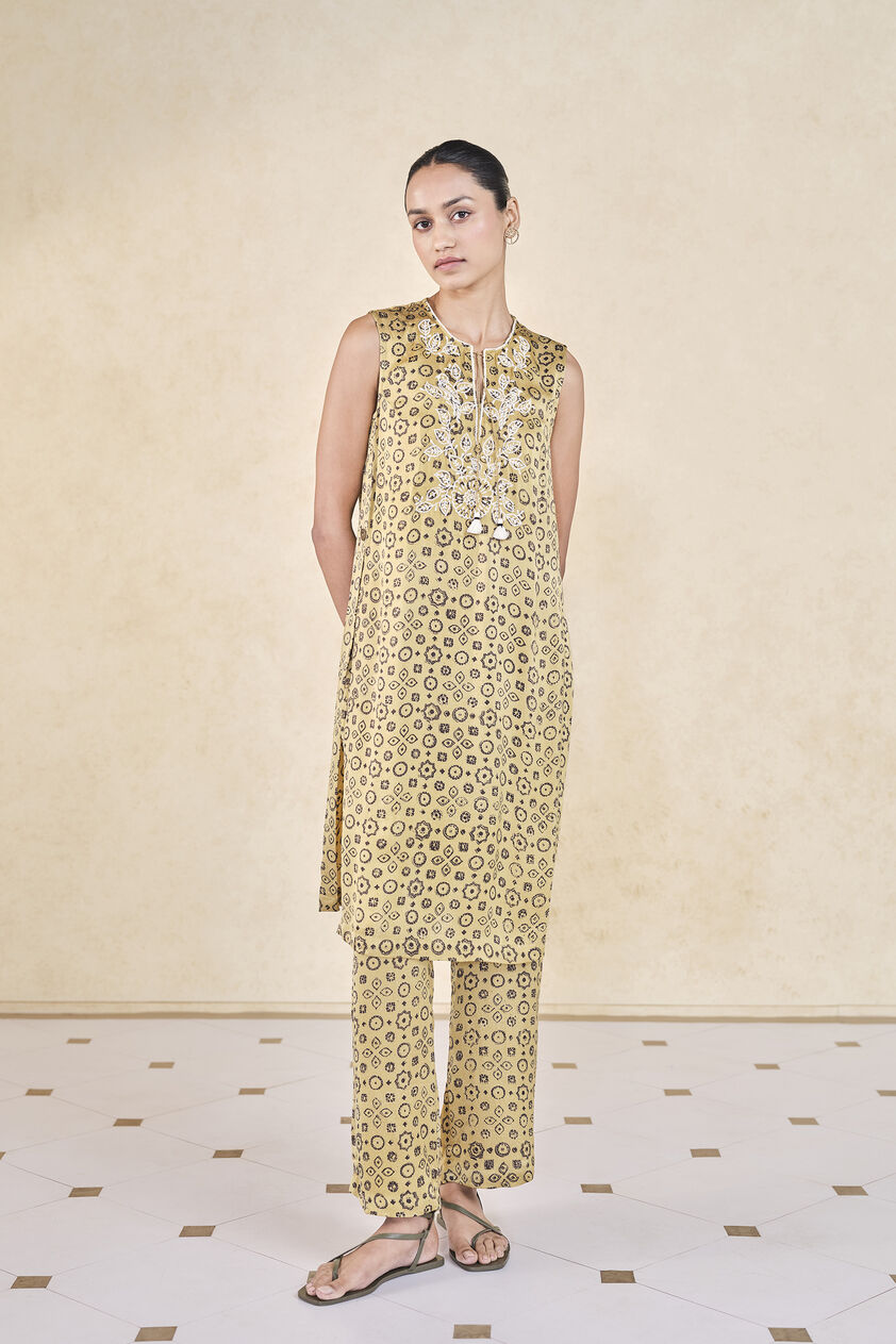Leafbird Handcrafted Ajrakh Co-ord - Yellow, Yellow, image 1